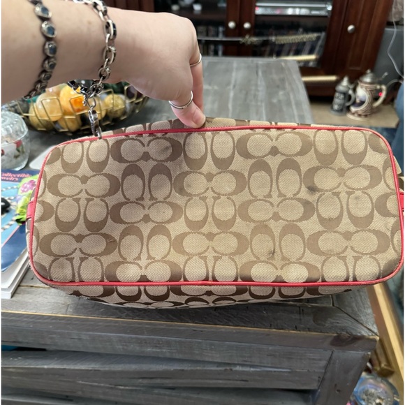 Coach 23465 Signature Canvas Weekend Zip Top Tote Bag Purse Handbag Red Khaki - Picture 15 of 16